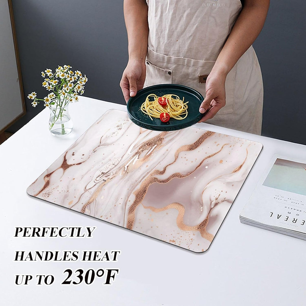 Dish Drying Mat Marble Gold Pink, Quick Dry Dish Drying Pad with Non-slip Rubber Backed, Super Absorbent Drainer Mats for Kitchen Counter, 20"x16"