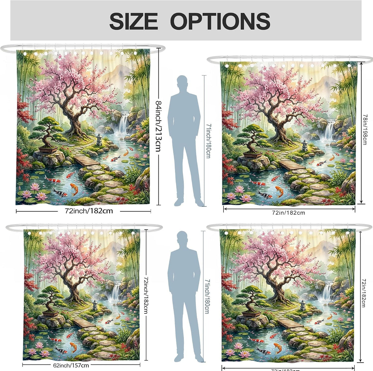 Cherries Blossom Shower Curtain, Zen Nature Carp Fish Bonsai Tree Spring Peach Waterproof Fabric Clawfoot Tub Shower Curtains Decor for Bathroom Guest Room 72x78 Inch