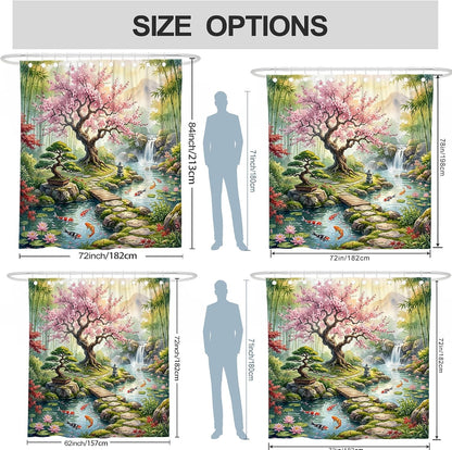 Cherries Blossom Shower Curtain, Zen Nature Carp Fish Bonsai Tree Spring Peach Waterproof Fabric Clawfoot Tub Shower Curtains Decor for Bathroom Guest Room 72x78 Inch
