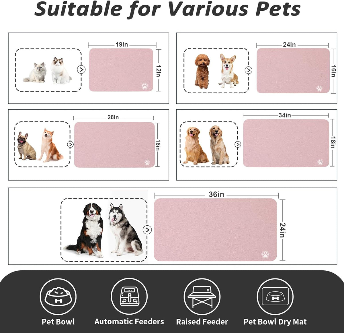 Dog Food Mat - Absorbent Cat Mat for Food and Water, No Stains Pet Feeding Bowl Mat, Easy to Clean Pet Placemats, Quick Dry Dog Water Dispenser Mat for Messy Drinkers | Paw Pink 18"x28"