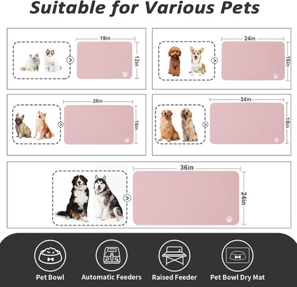 Dog Food Mat - Absorbent Cat Mat for Food and Water, No Stains Pet Feeding Bowl Mat, Easy to Clean Pet Placemats, Quick Dry Dog Water Dispenser Mat for Messy Drinkers | Paw Pink 18"x28"