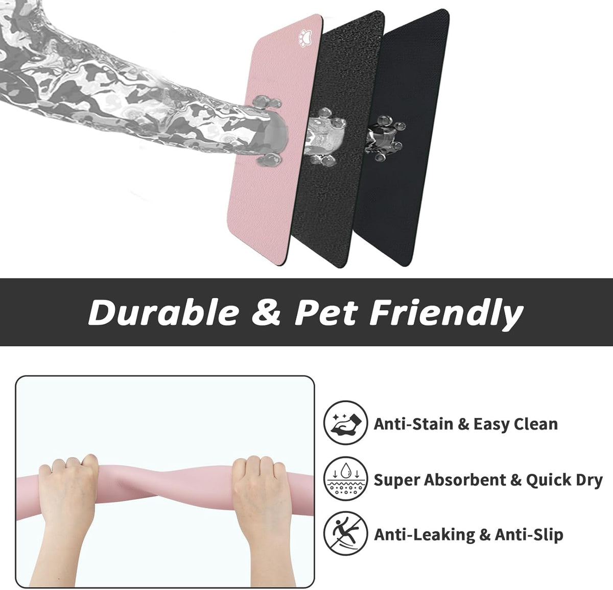 Dog Food Mat - Absorbent Cat Mat for Food and Water, No Stains Pet Feeding Bowl Mat, Easy to Clean Pet Placemats, Quick Dry Dog Water Dispenser Mat for Messy Drinkers | Paw Pink 18"x28"
