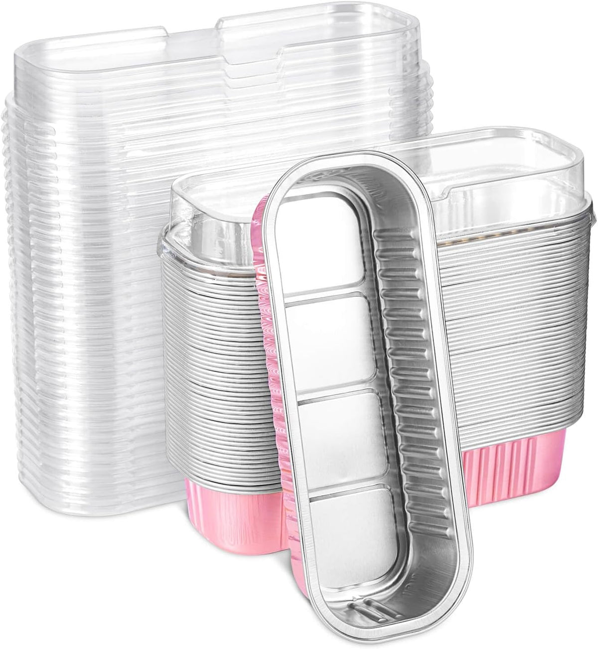 50pcs Mini Disposable Foil Rectangle Baking Cups 6.8 oz 6.5 x 2.6 x 2 Inch Aluminum Loaf Pans with Lids for Baking (Light Pink)