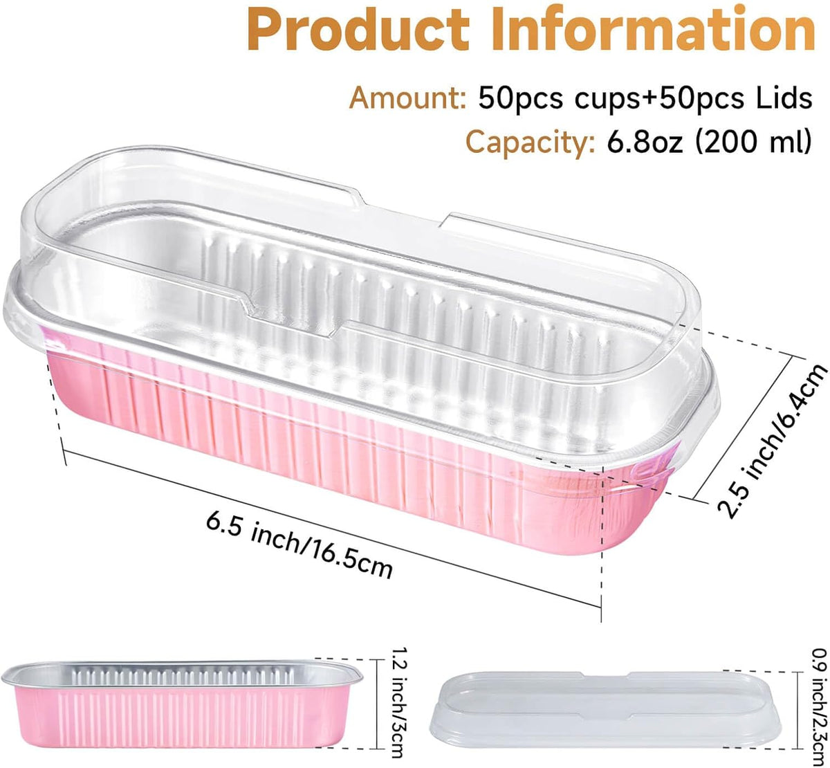 50pcs Mini Disposable Foil Rectangle Baking Cups 6.8 oz 6.5 x 2.6 x 2 Inch Aluminum Loaf Pans with Lids for Baking (Light Pink)