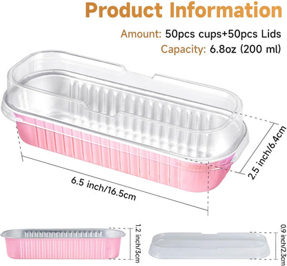 50pcs Mini Disposable Foil Rectangle Baking Cups 6.8 oz 6.5 x 2.6 x 2 Inch Aluminum Loaf Pans with Lids for Baking (Light Pink)