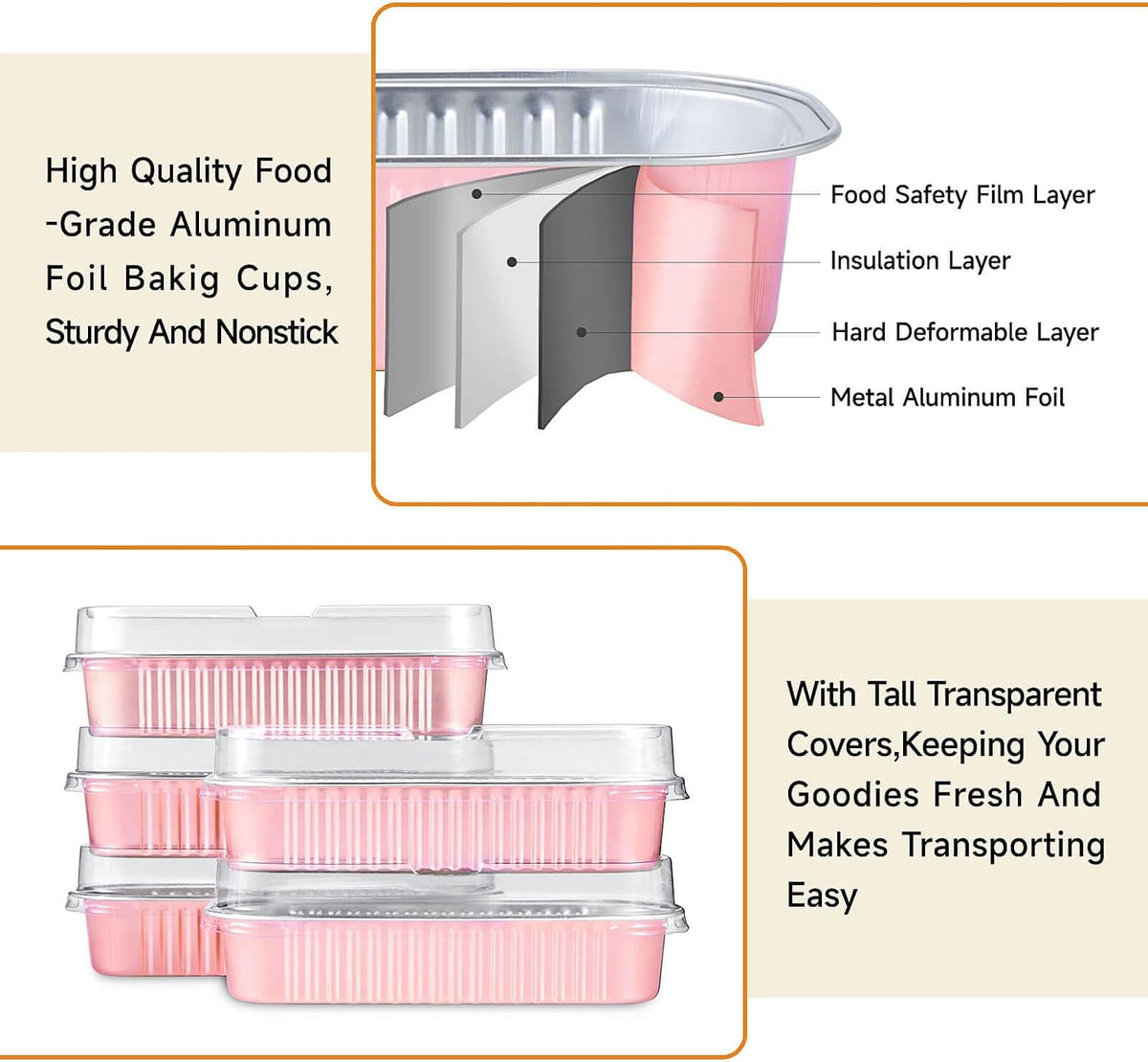 50pcs Mini Disposable Foil Rectangle Baking Cups 6.8 oz 6.5 x 2.6 x 2 Inch Aluminum Loaf Pans with Lids for Baking (Light Pink)