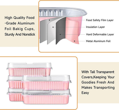50pcs Mini Disposable Foil Rectangle Baking Cups 6.8 oz 6.5 x 2.6 x 2 Inch Aluminum Loaf Pans with Lids for Baking (Light Pink)
