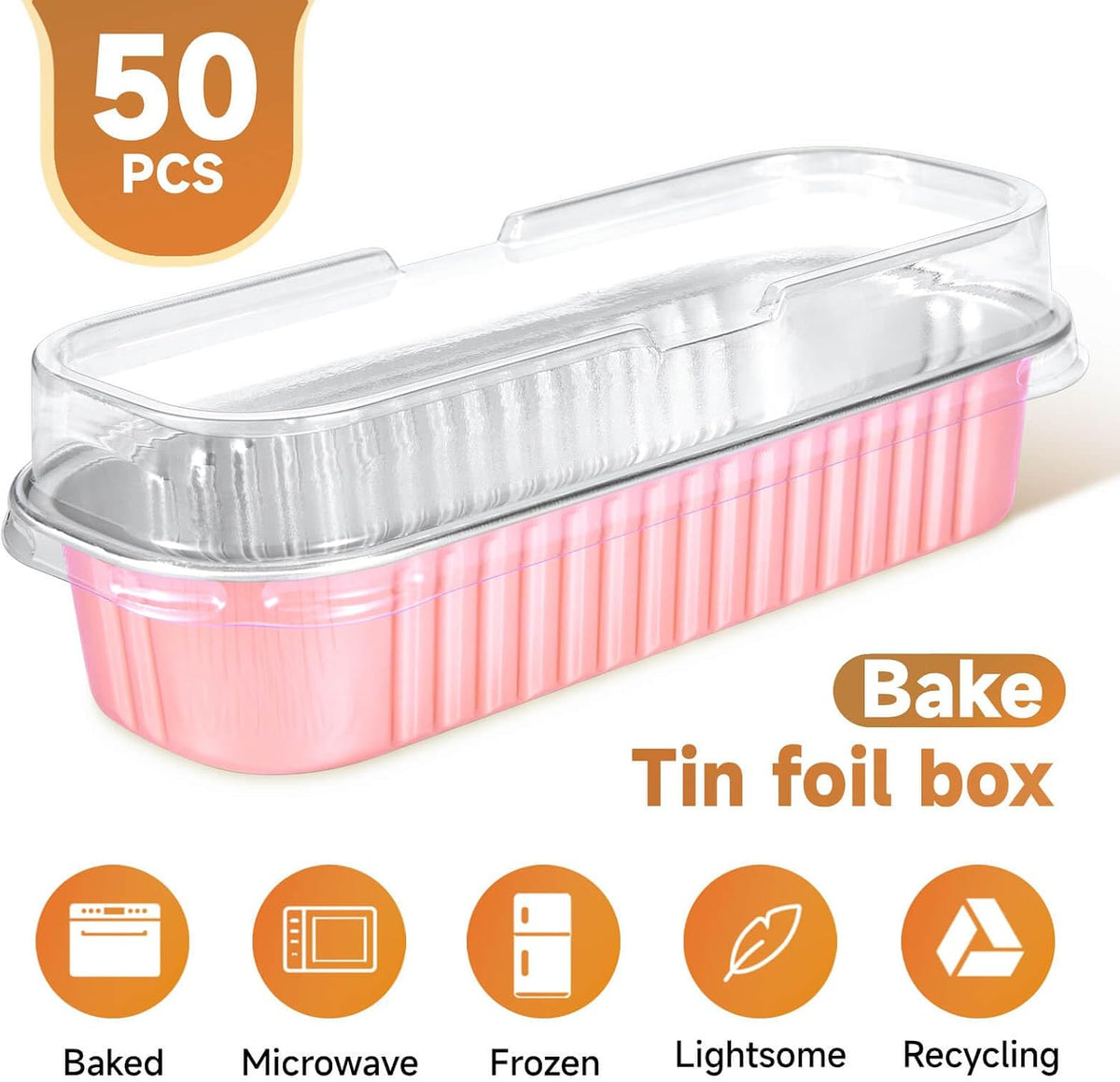 50pcs Mini Disposable Foil Rectangle Baking Cups 6.8 oz 6.5 x 2.6 x 2 Inch Aluminum Loaf Pans with Lids for Baking (Light Pink)