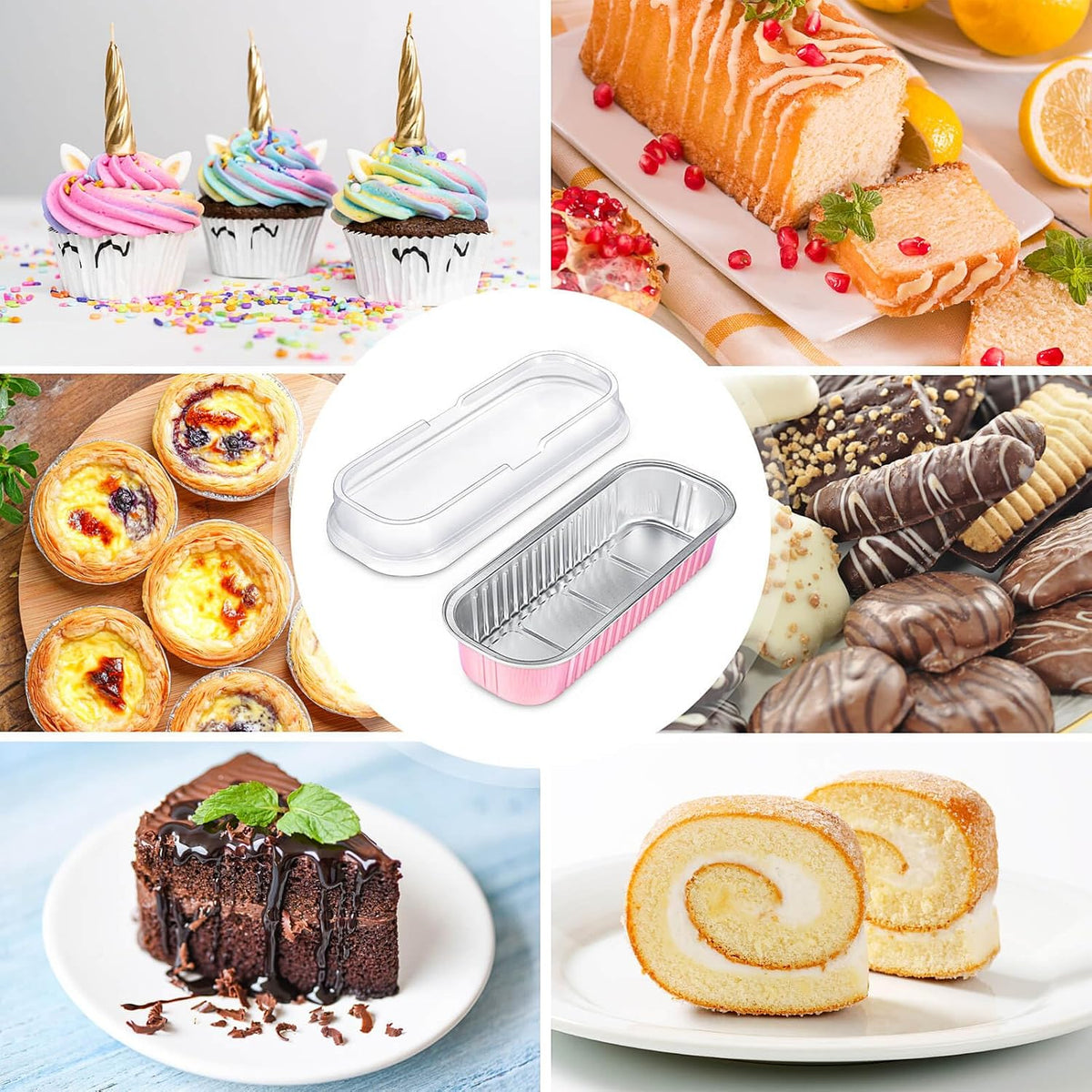 50pcs Mini Disposable Foil Rectangle Baking Cups 6.8 oz 6.5 x 2.6 x 2 Inch Aluminum Loaf Pans with Lids for Baking (Light Pink)