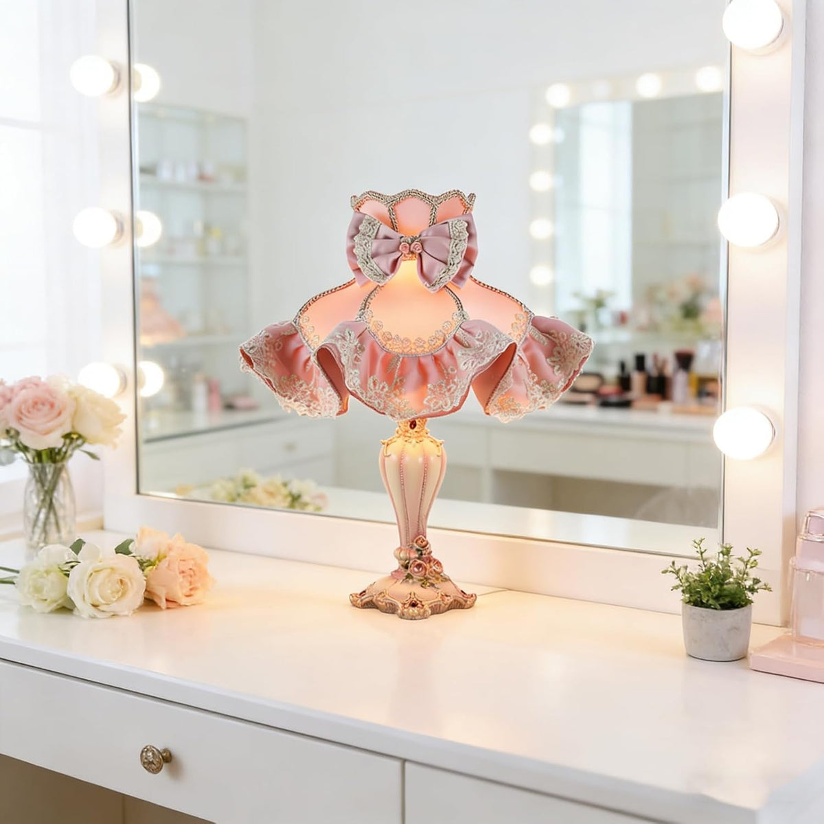 Euro-Style Pink Princess Table Lamp, Victorian Lace Fancy Desk Lamps, Pink Bow Bedside Lamp with Fabric Shade & Floral Resin Base House Warming Gifts New Home Decor Gifts for Women Mom