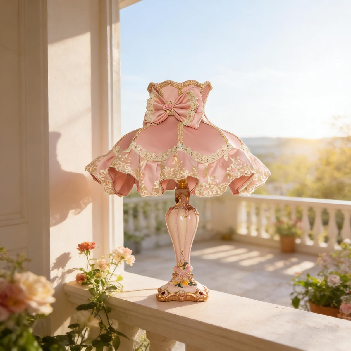 Euro-Style Pink Princess Table Lamp, Victorian Lace Fancy Desk Lamps, Pink Bow Bedside Lamp with Fabric Shade & Floral Resin Base House Warming Gifts New Home Decor Gifts for Women Mom