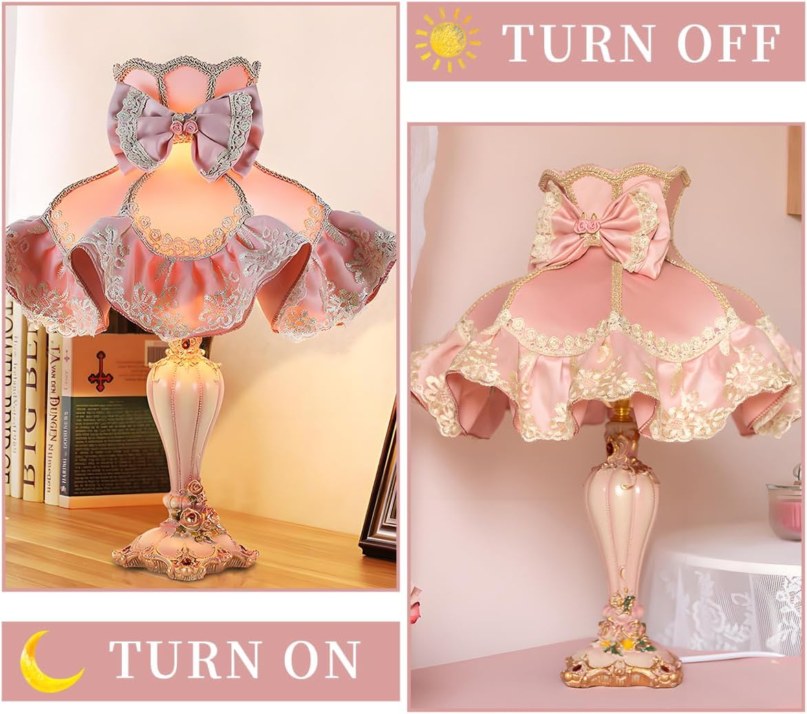 Euro-Style Pink Princess Table Lamp, Victorian Lace Fancy Desk Lamps, Pink Bow Bedside Lamp with Fabric Shade & Floral Resin Base House Warming Gifts New Home Decor Gifts for Women Mom