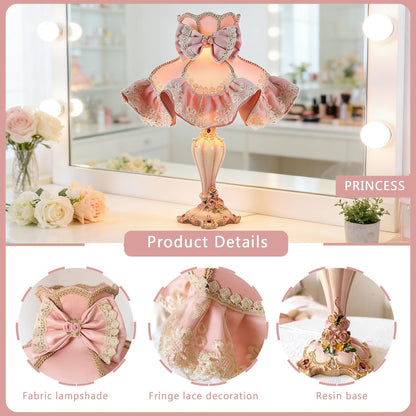 Euro-Style Pink Princess Table Lamp, Victorian Lace Fancy Desk Lamps, Pink Bow Bedside Lamp with Fabric Shade & Floral Resin Base House Warming Gifts New Home Decor Gifts for Women Mom