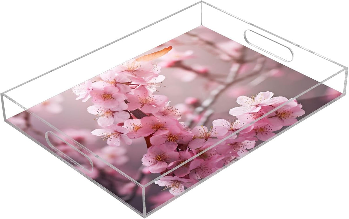 Plastic Food Serving Tray Decorative Vanity Trays for Bathroom Pink Peach Blossom Coffee Table Kitchen Counter 11.8 * 15.7in