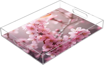Plastic Food Serving Tray Decorative Vanity Trays for Bathroom Pink Peach Blossom Coffee Table Kitchen Counter 11.8 * 15.7in