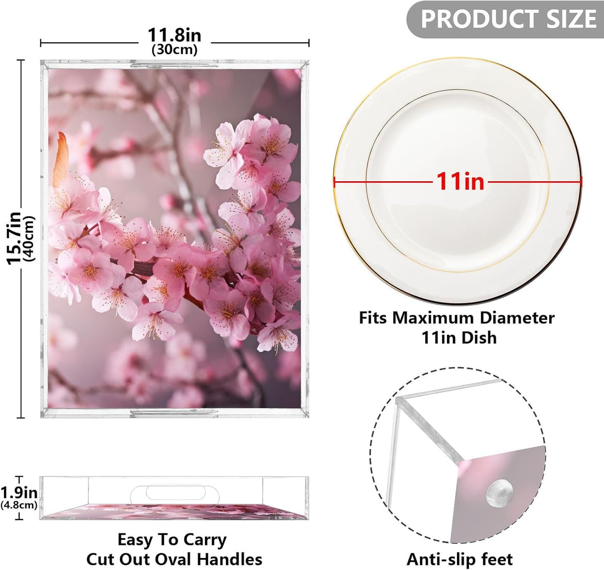 Plastic Food Serving Tray Decorative Vanity Trays for Bathroom Pink Peach Blossom Coffee Table Kitchen Counter 11.8 * 15.7in