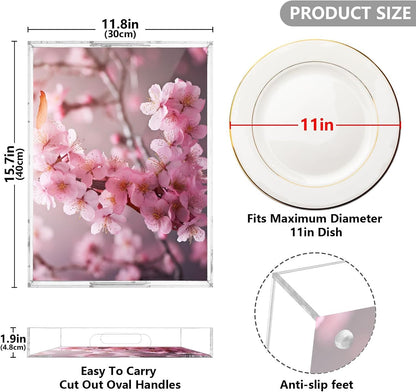 Plastic Food Serving Tray Decorative Vanity Trays for Bathroom Pink Peach Blossom Coffee Table Kitchen Counter 11.8 * 15.7in