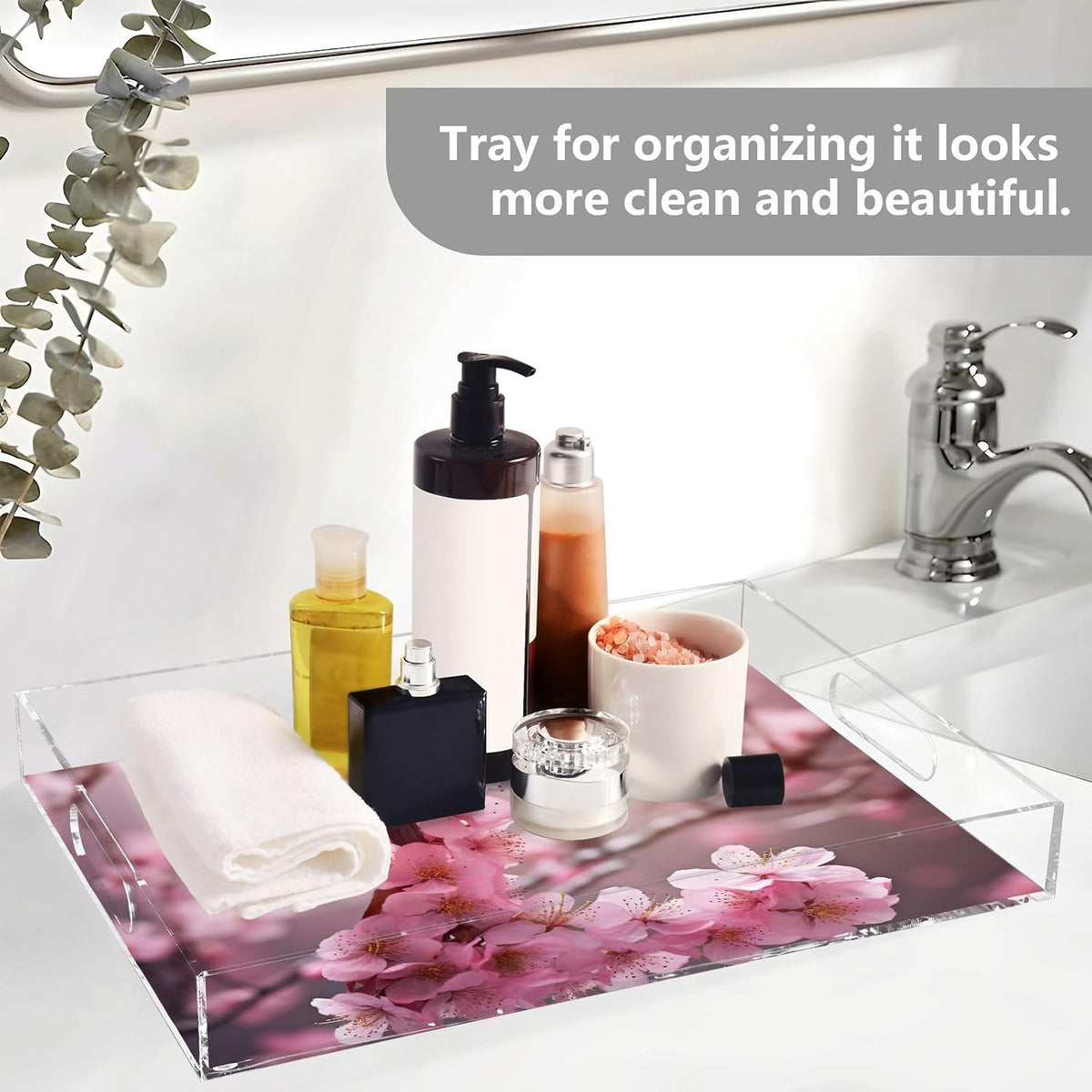 Plastic Food Serving Tray Decorative Vanity Trays for Bathroom Pink Peach Blossom Coffee Table Kitchen Counter 11.8 * 15.7in