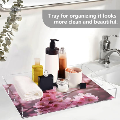 Plastic Food Serving Tray Decorative Vanity Trays for Bathroom Pink Peach Blossom Coffee Table Kitchen Counter 11.8 * 15.7in