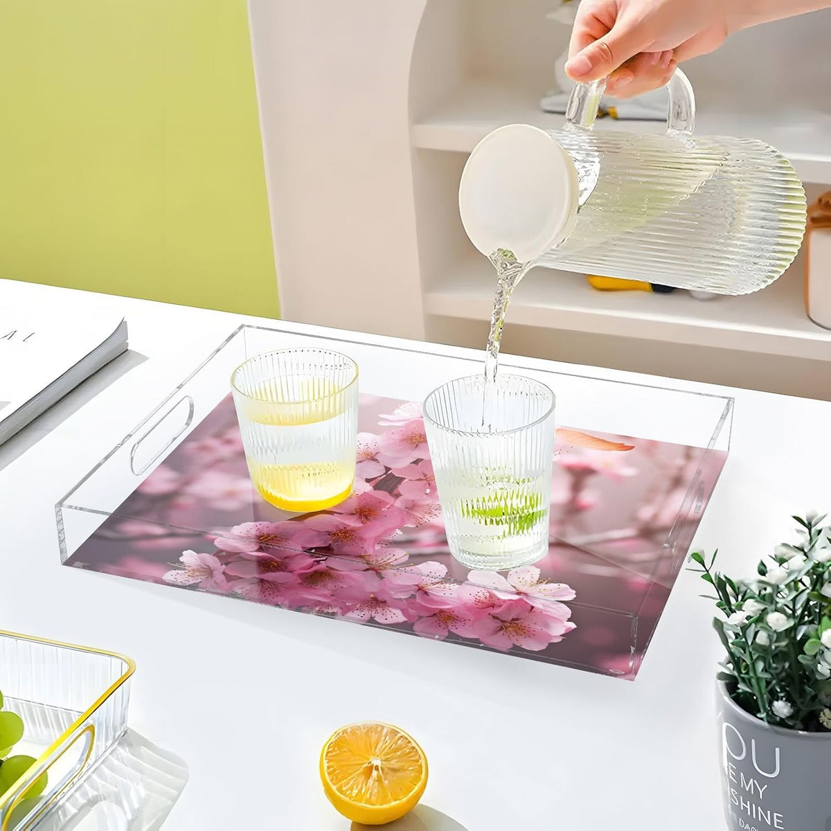 Plastic Food Serving Tray Decorative Vanity Trays for Bathroom Pink Peach Blossom Coffee Table Kitchen Counter 11.8 * 15.7in