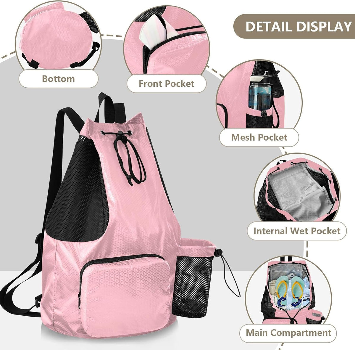 Light Pink Sports Drawstring Bag for Workout Drawstring Backpacks with Pockets