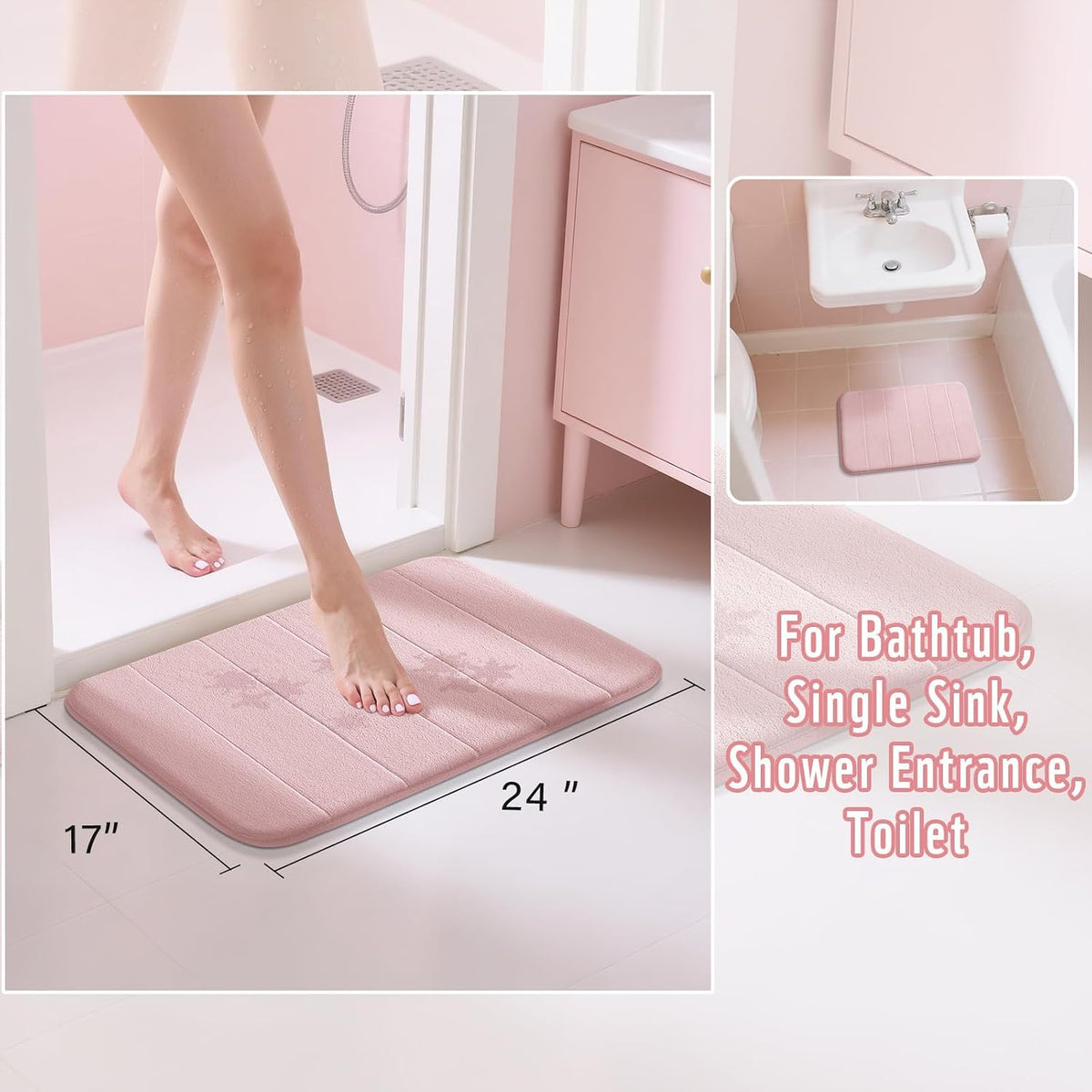 Pink Bath Mat, Super Soft Absorbent Memory Foam Bathroom Rug Non Slip, Quick Dry, Machine Washable Floor Carpet for Tub Shower, Home Decor Accessories, 24x17