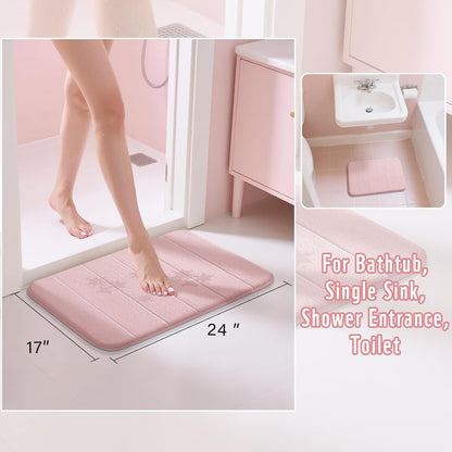 Pink Bath Mat, Super Soft Absorbent Memory Foam Bathroom Rug Non Slip, Quick Dry, Machine Washable Floor Carpet for Tub Shower, Home Decor Accessories, 24x17