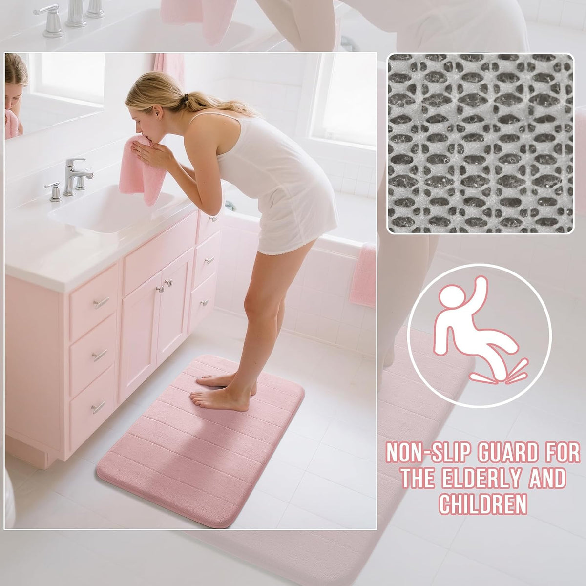Pink Bath Mat, Super Soft Absorbent Memory Foam Bathroom Rug Non Slip, Quick Dry, Machine Washable Floor Carpet for Tub Shower, Home Decor Accessories, 24x17