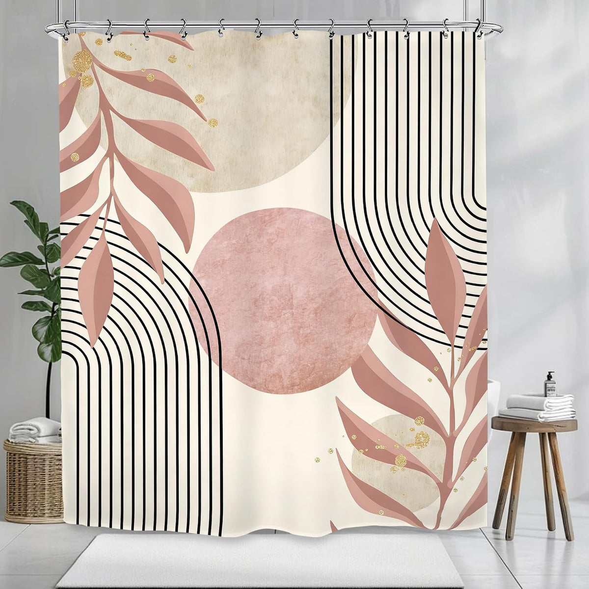 Abstract Pink Modern Shower Curtain 60Wx72L Inch Minimalist Geometric Contemporary Neutral Aesthetic Plant Leaves Mid Centry Bathroom Set Accessories Decor with 12 Pack Hooks