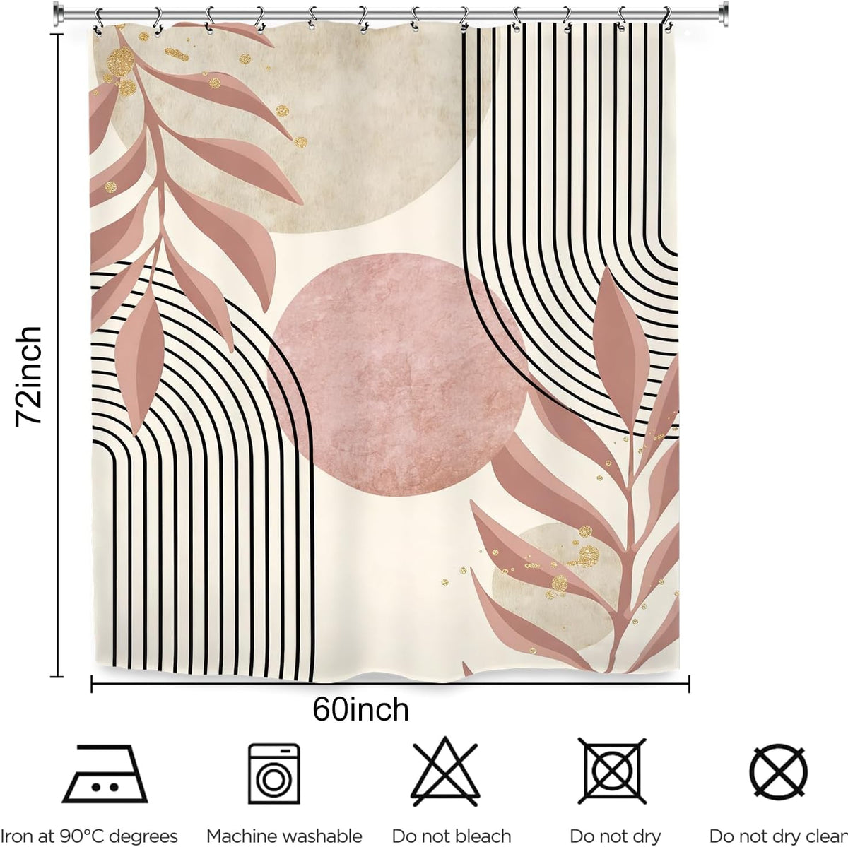 Abstract Pink Modern Shower Curtain 60Wx72L Inch Minimalist Geometric Contemporary Neutral Aesthetic Plant Leaves Mid Centry Bathroom Set Accessories Decor with 12 Pack Hooks