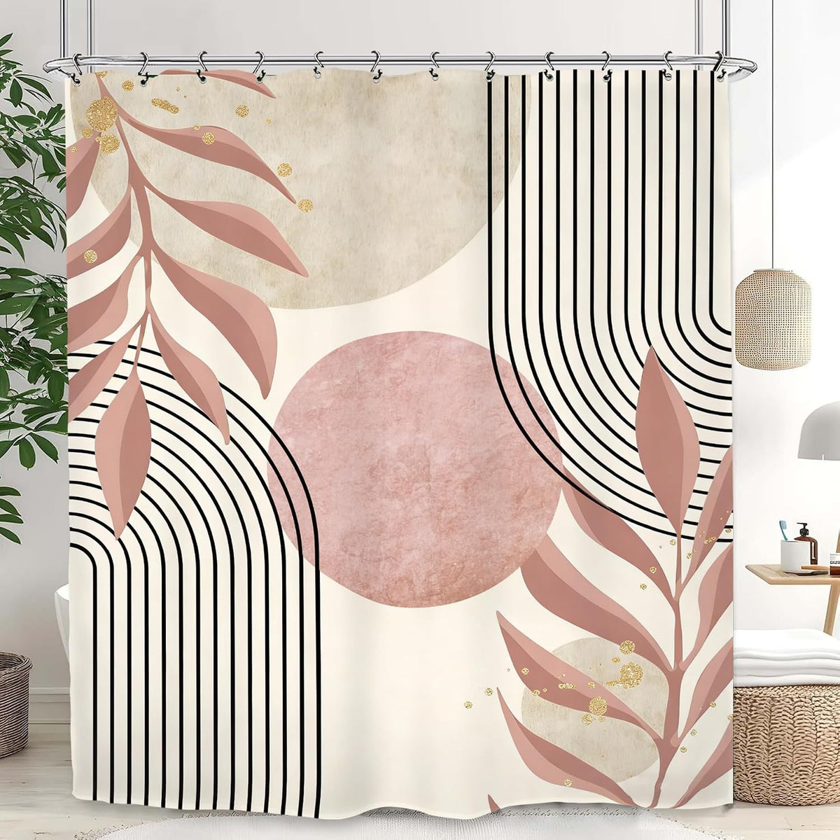 Abstract Pink Modern Shower Curtain 60Wx72L Inch Minimalist Geometric Contemporary Neutral Aesthetic Plant Leaves Mid Centry Bathroom Set Accessories Decor with 12 Pack Hooks