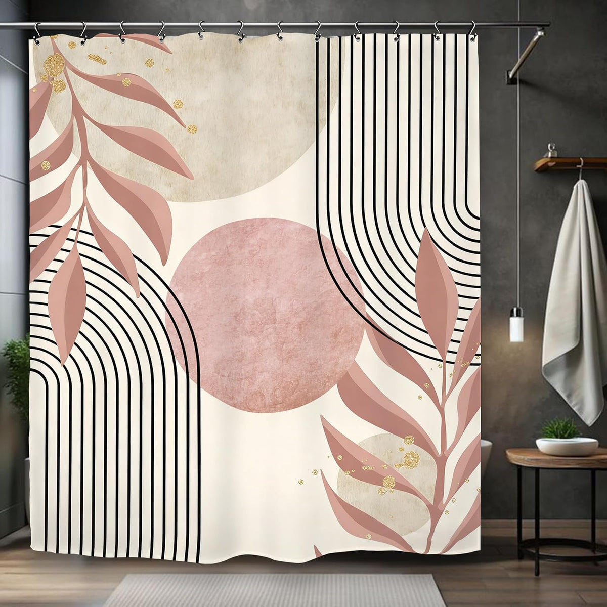 Abstract Pink Modern Shower Curtain 60Wx72L Inch Minimalist Geometric Contemporary Neutral Aesthetic Plant Leaves Mid Centry Bathroom Set Accessories Decor with 12 Pack Hooks