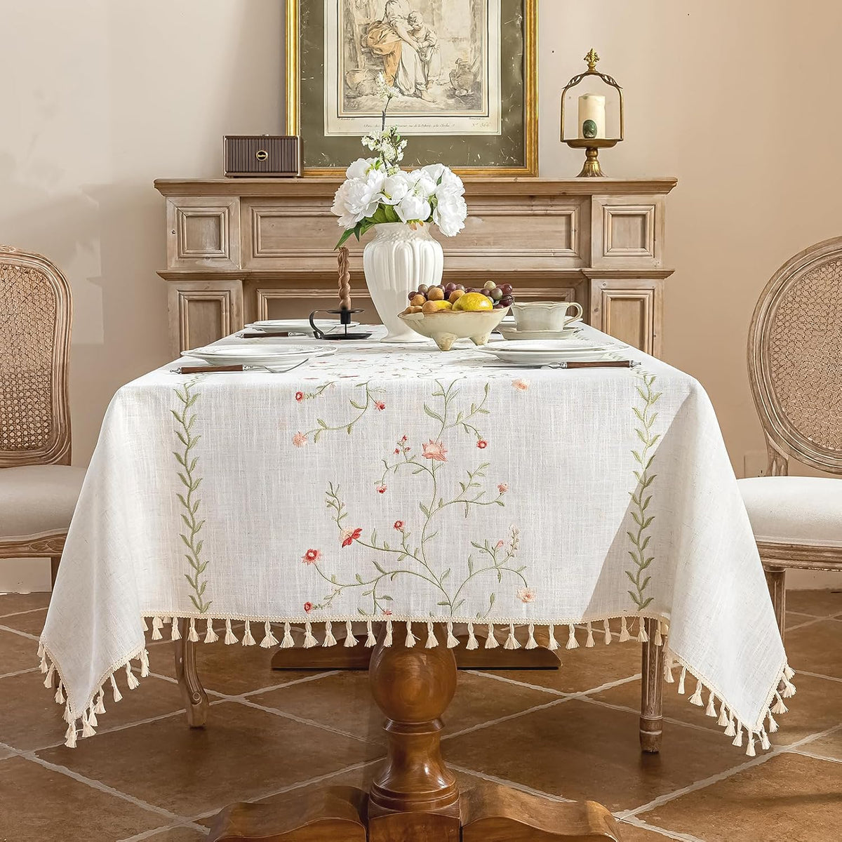 Rectangle Tablecloth 55" x 90", Spring Pink Embroidered Table Cloth with Tassels, Farmhouse Rustic Linen Style, Heavy Weight Wrinkle & Spill Resistant Table Cover for Dining Kitchen (6-8 Seats)