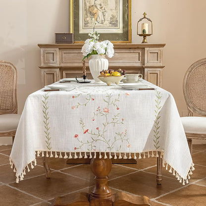 Rectangle Tablecloth 55" x 90", Spring Pink Embroidered Table Cloth with Tassels, Farmhouse Rustic Linen Style, Heavy Weight Wrinkle & Spill Resistant Table Cover for Dining Kitchen (6-8 Seats)