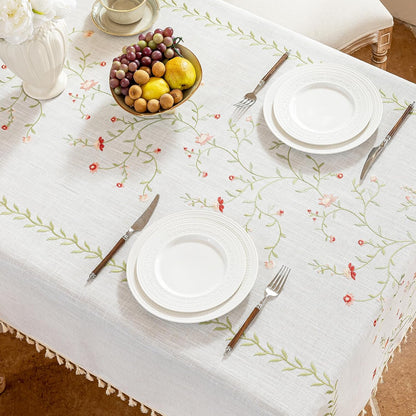 Rectangle Tablecloth 55" x 90", Spring Pink Embroidered Table Cloth with Tassels, Farmhouse Rustic Linen Style, Heavy Weight Wrinkle & Spill Resistant Table Cover for Dining Kitchen (6-8 Seats)