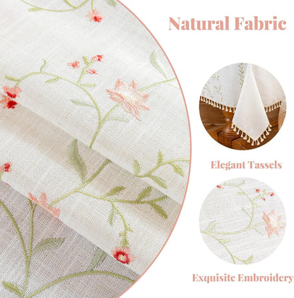 Rectangle Tablecloth 55" x 90", Spring Pink Embroidered Table Cloth with Tassels, Farmhouse Rustic Linen Style, Heavy Weight Wrinkle & Spill Resistant Table Cover for Dining Kitchen (6-8 Seats)