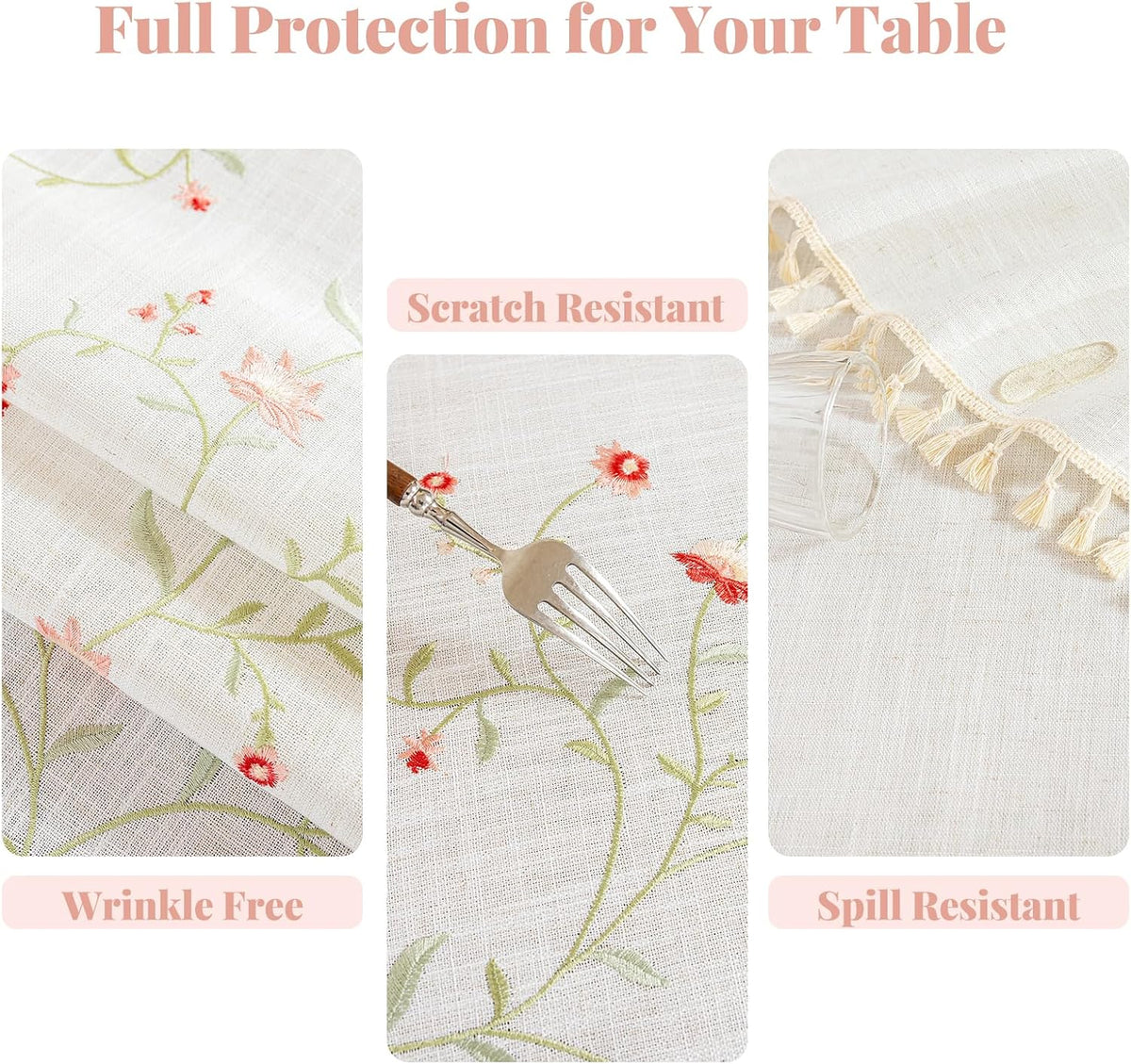 Rectangle Tablecloth 55" x 90", Spring Pink Embroidered Table Cloth with Tassels, Farmhouse Rustic Linen Style, Heavy Weight Wrinkle & Spill Resistant Table Cover for Dining Kitchen (6-8 Seats)