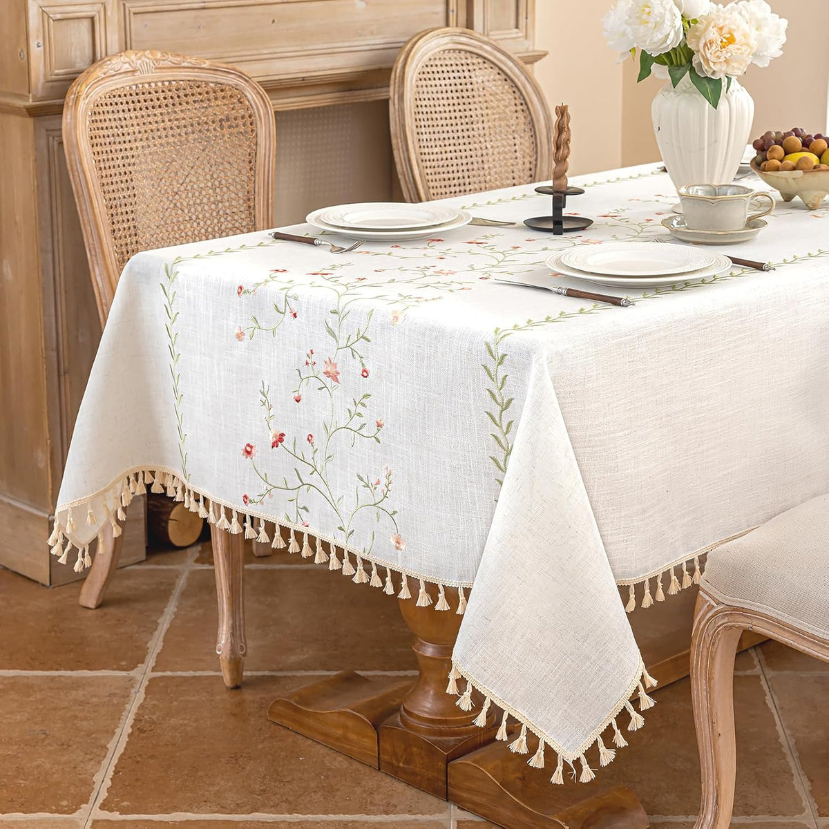 Rectangle Tablecloth 55" x 90", Spring Pink Embroidered Table Cloth with Tassels, Farmhouse Rustic Linen Style, Heavy Weight Wrinkle & Spill Resistant Table Cover for Dining Kitchen (6-8 Seats)