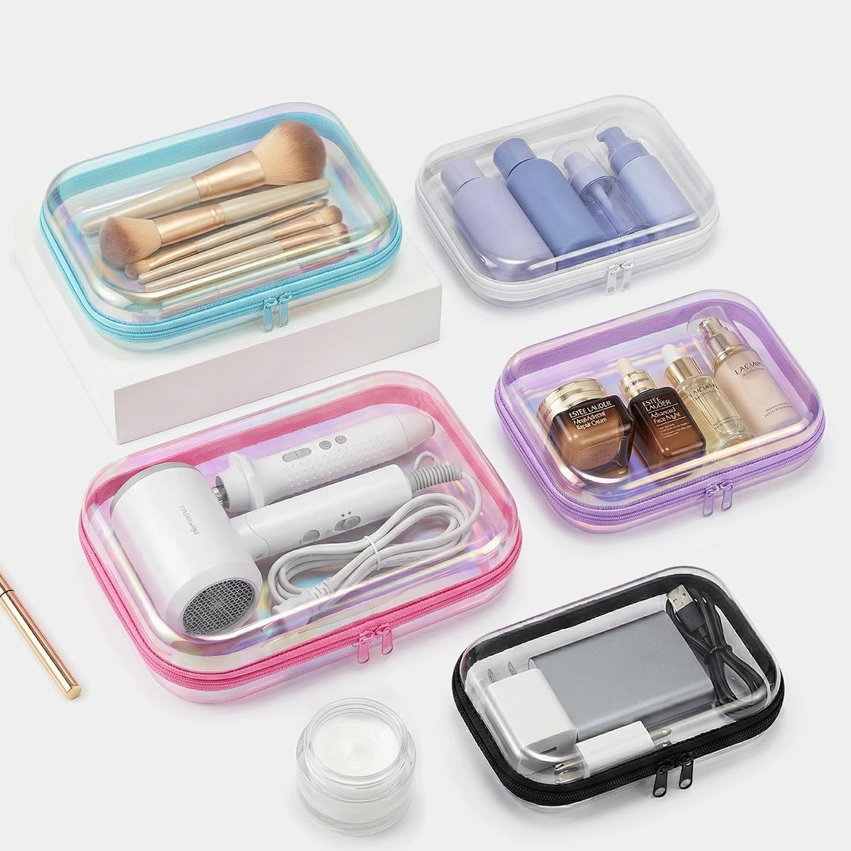 Clear Hard Shell Zipper Organizer Cases, 2 Pack, Iridescent