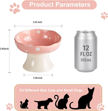 Pink Mushroom Cat Bowl, Elevated Ceramic Feeding Bowl