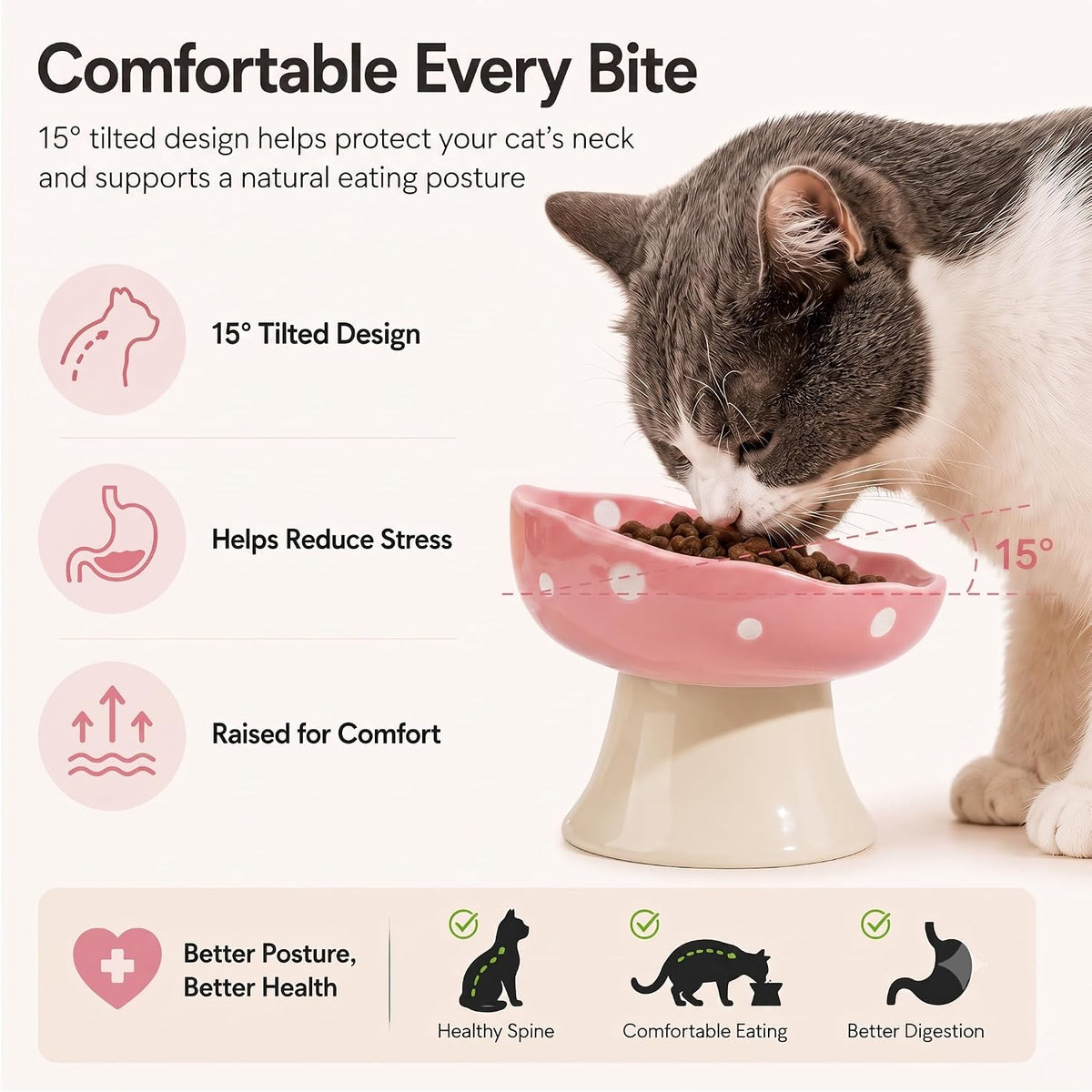 Pink Mushroom Cat Bowl, Elevated Ceramic Feeding Bowl