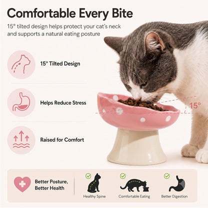 Pink Mushroom Cat Bowl, Elevated Ceramic Feeding Bowl