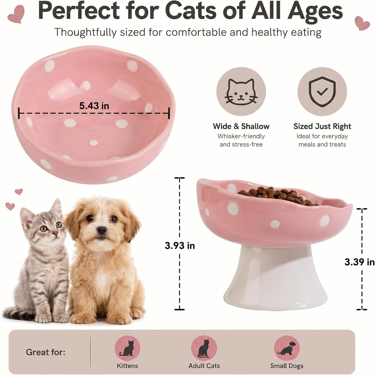 Pink Mushroom Cat Bowl, Elevated Ceramic Feeding Bowl
