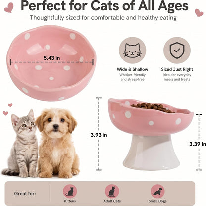 Pink Mushroom Cat Bowl, Elevated Ceramic Feeding Bowl