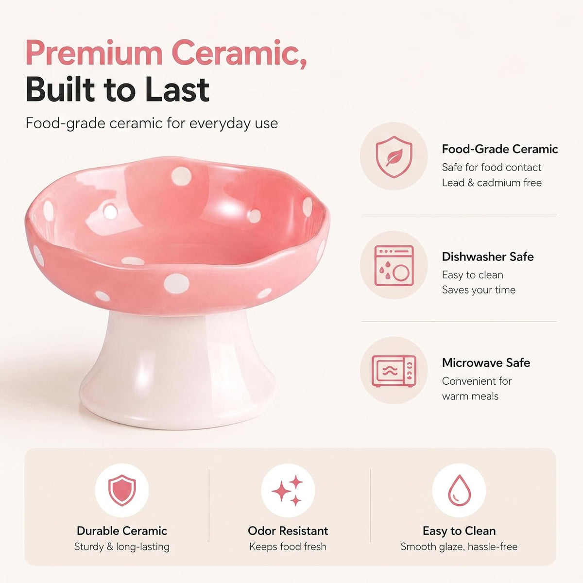 Pink Mushroom Cat Bowl, Elevated Ceramic Feeding Bowl