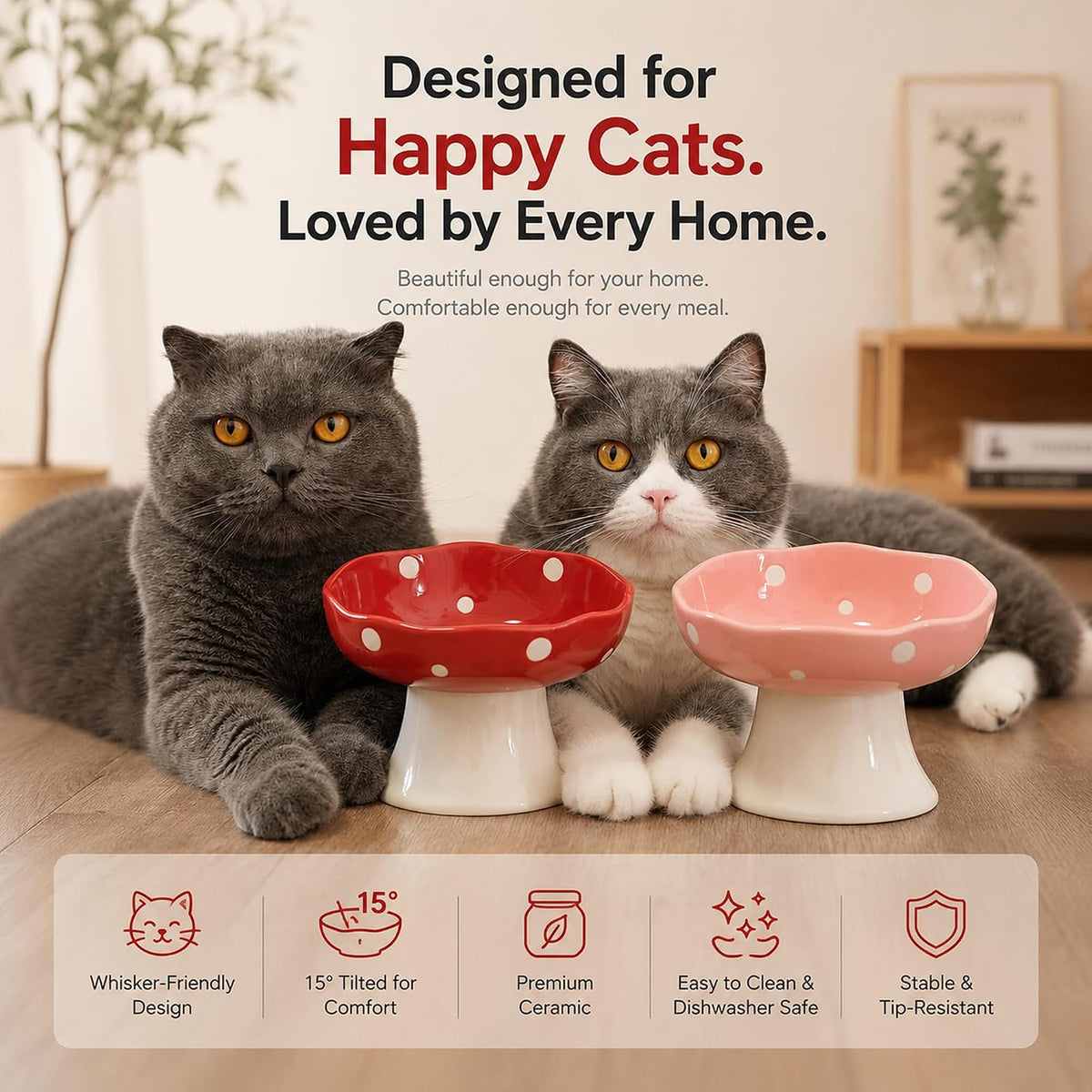 Pink Mushroom Cat Bowl, Elevated Ceramic Feeding Bowl