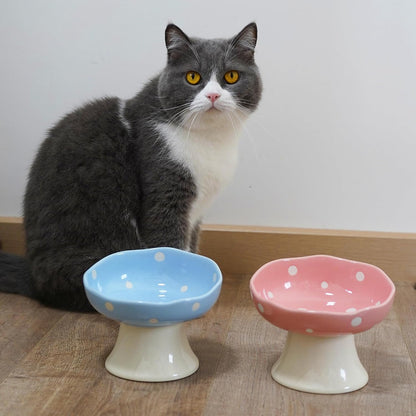 Pink Mushroom Cat Bowl, Elevated Ceramic Feeding Bowl