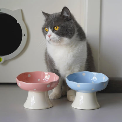 Pink Mushroom Cat Bowl, Elevated Ceramic Feeding Bowl
