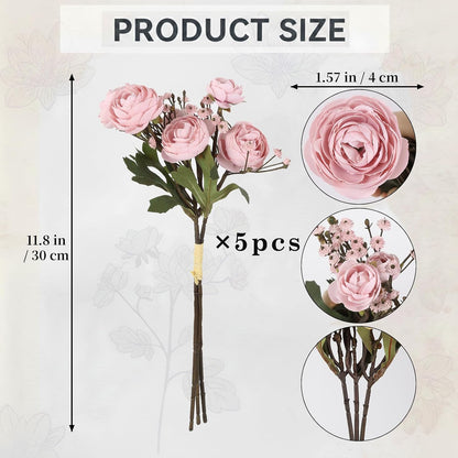 Pink Ranunculus Artificial Flowers 5 Bouquets Fake Silk Mini Ranunculus with Stems 15PCS Faux Peonies Spring Flowers for DIY Wedding Bride Shower Centerpieces Home Vase Filler Decor (Dusty Pink)