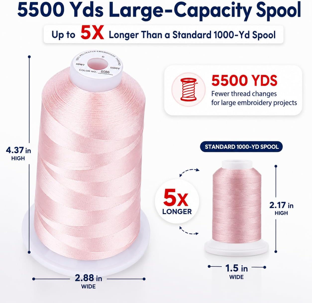 5000M 40WT Polyester Embroidery Thread, Light Peach Pink S086 | 5000M 40WT polyester thread feeds smoothly for machine embroidery, monograms, logos, patches and quilting.